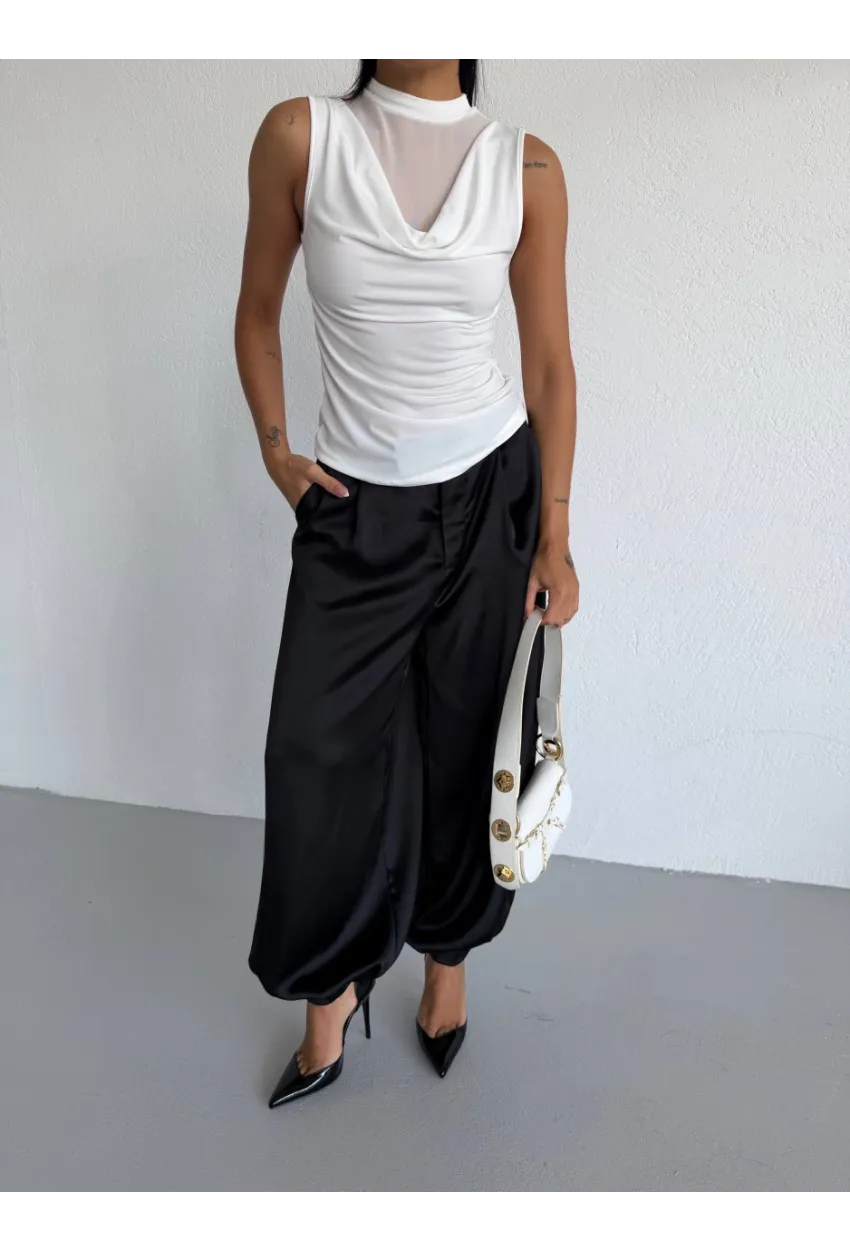 Yaka Tül Detaylı Drapeli Kolsuz Kadın Bluz Beyaz