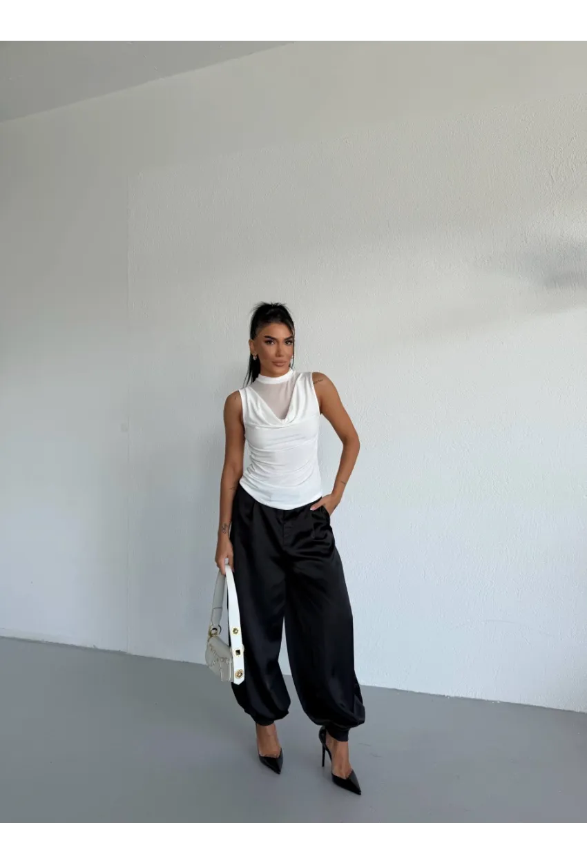 Yaka Tül Detaylı Drapeli Kolsuz Kadın Bluz Beyaz