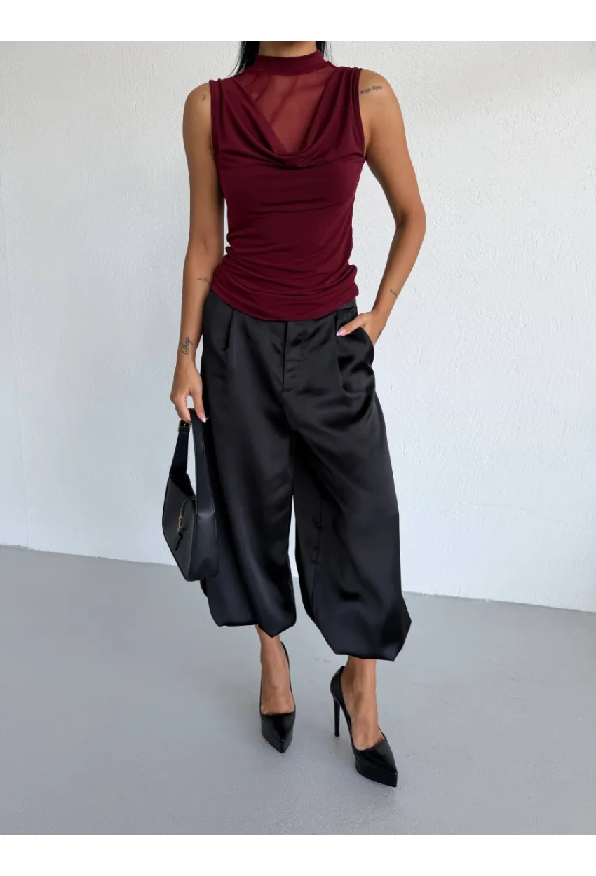 Yaka Tül Detaylı Drapeli Kolsuz Kadın Bluz Bordo