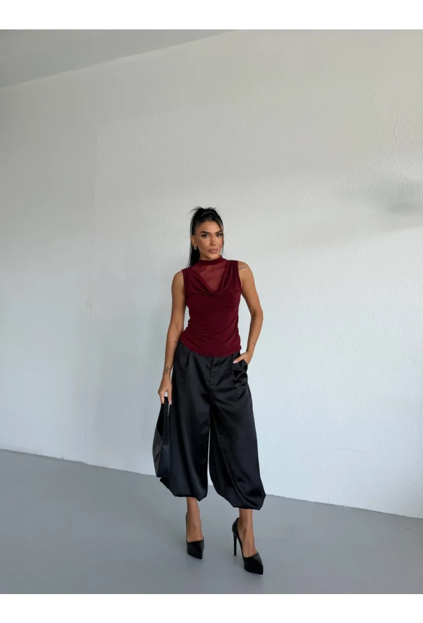 Yaka Tül Detaylı Drapeli Kolsuz Kadın Bluz Bordo