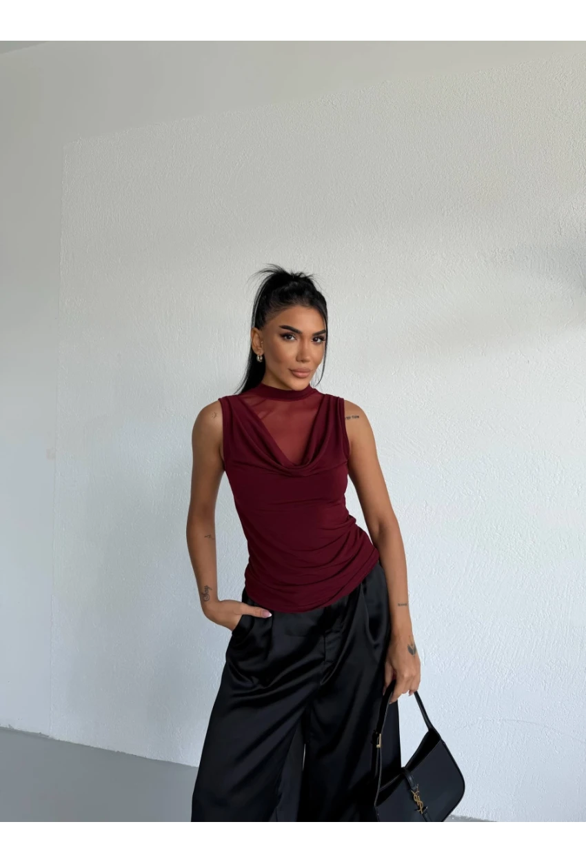 Yaka Tül Detaylı Drapeli Kolsuz Kadın Bluz Bordo
