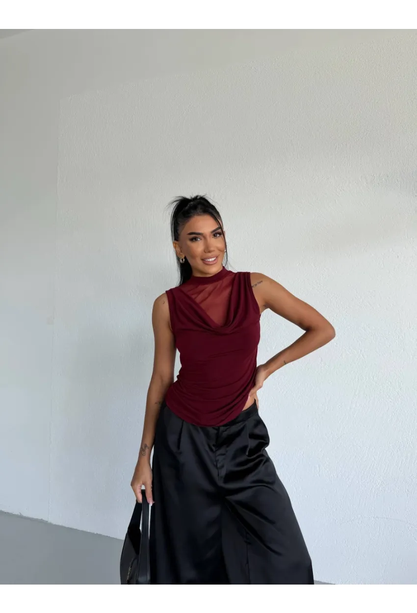 Yaka Tül Detaylı Drapeli Kolsuz Kadın Bluz Bordo