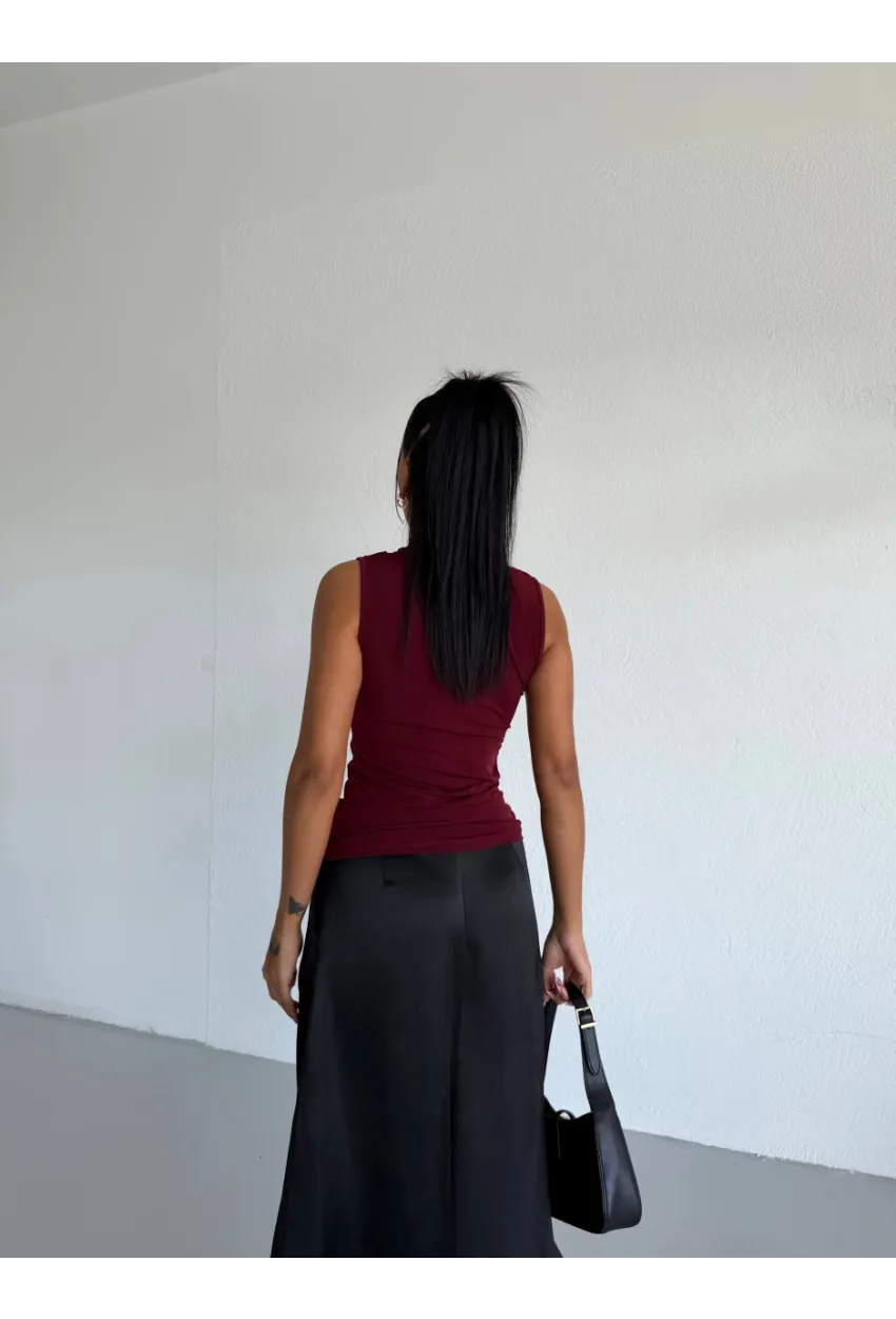 Yaka Tül Detaylı Drapeli Kolsuz Kadın Bluz Bordo