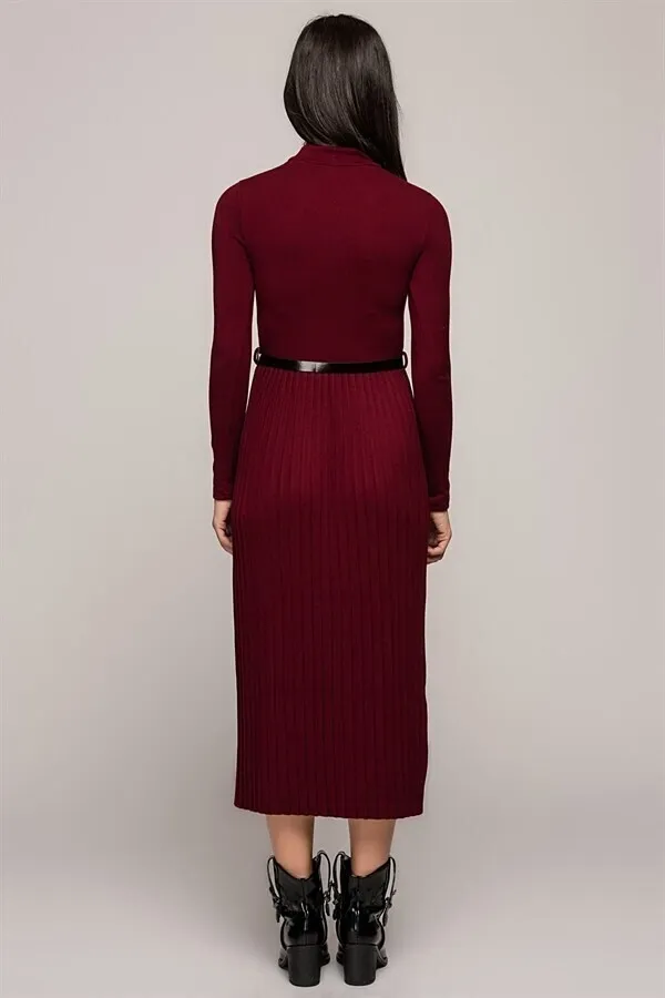 Yarım Balıkçı Bordo Eteği Pliseli Uzun Elbise