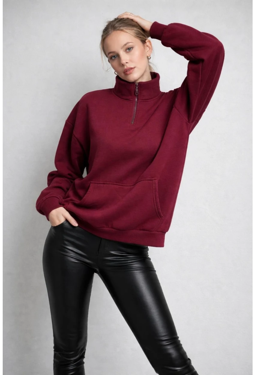Yarım Fermuarlı 3 İplik Dik Yaka Oversize Sweatshirt