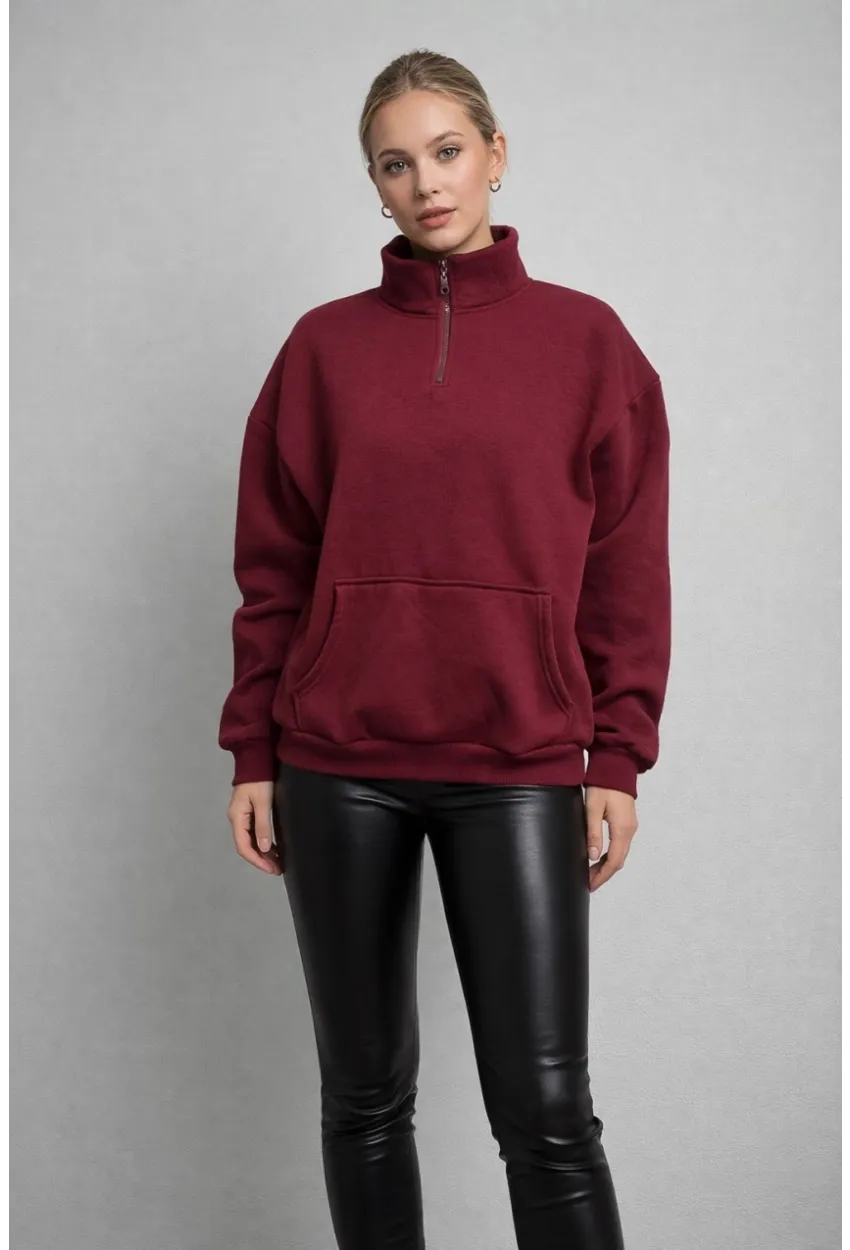 Yarım Fermuarlı 3 İplik Dik Yaka Oversize Sweatshirt