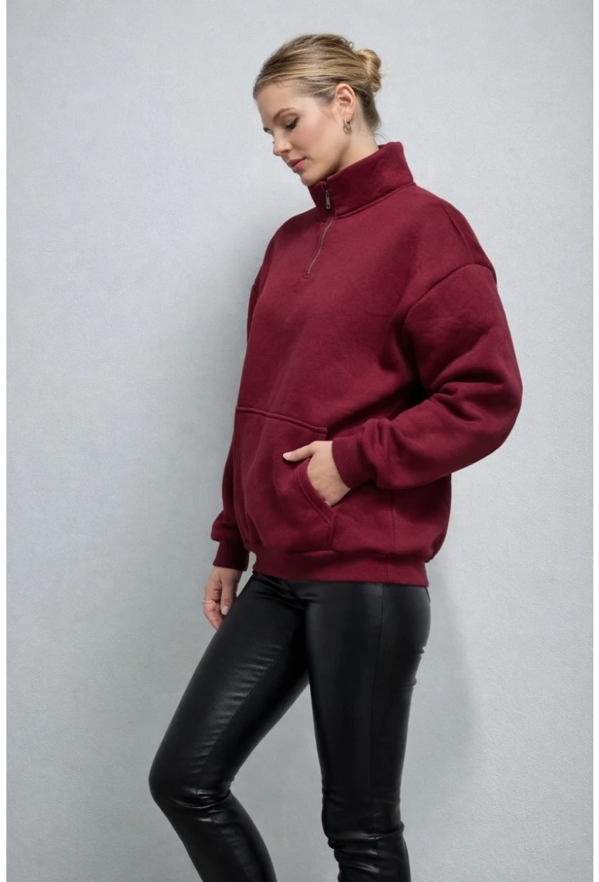 Yarım Fermuarlı 3 İplik Dik Yaka Oversize Sweatshirt