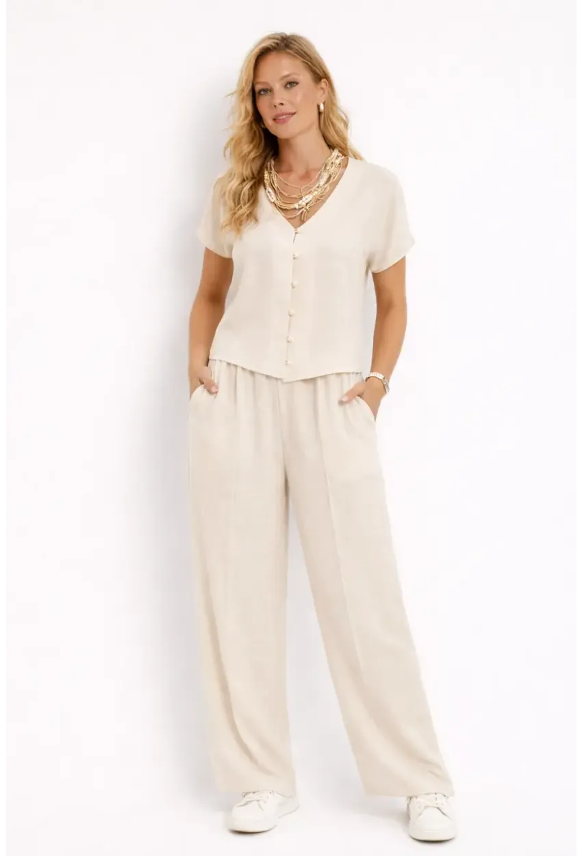 Yarım Kol Boncuk Düğmeli Keten Takım