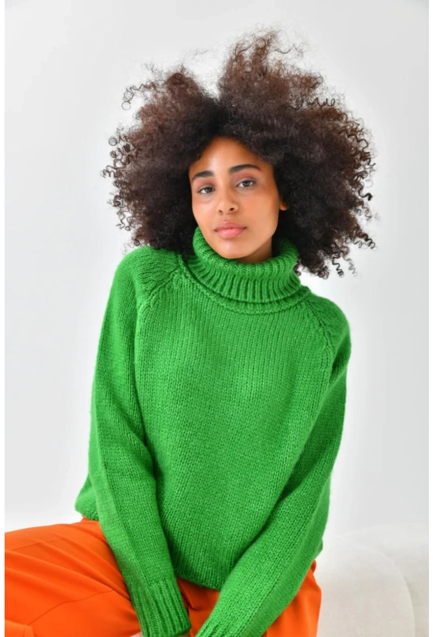 Yeşil Balıkçı Yaka Oversize Triko Kazak