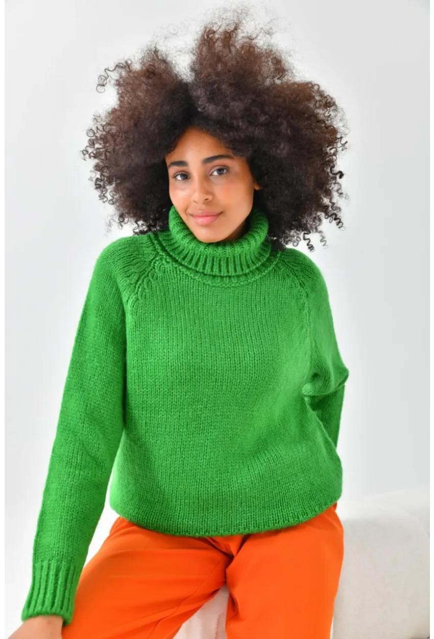 Yeşil Balıkçı Yaka Oversize Triko Kazak