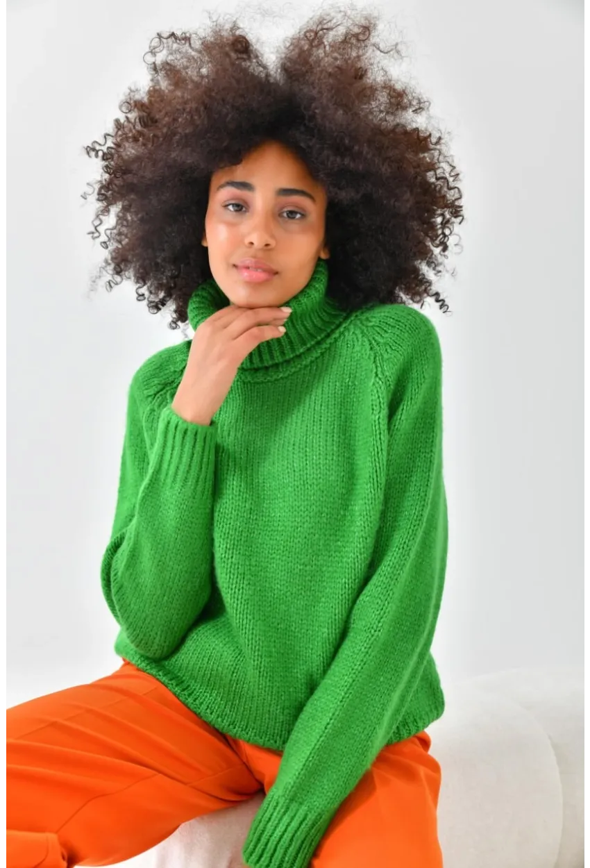 Yeşil Balıkçı Yaka Oversize Triko Kazak