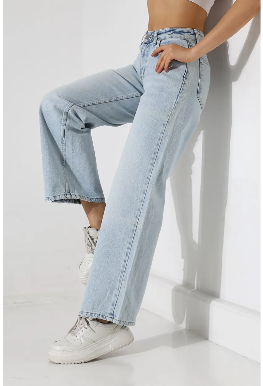 Yüksek Bel Açık Mavi Geniş Paça Jean Pantolon