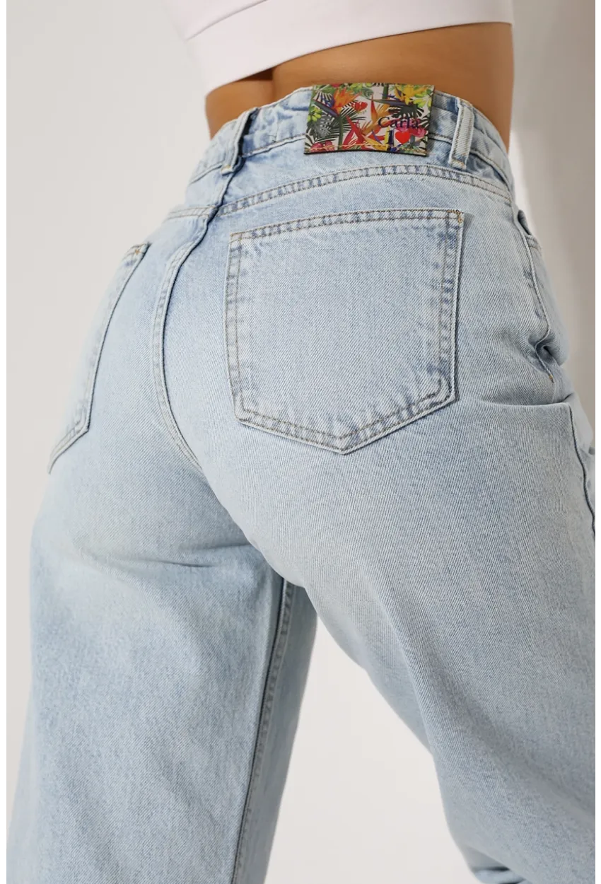 Yüksek Bel Açık Mavi Geniş Paça Jean Pantolon