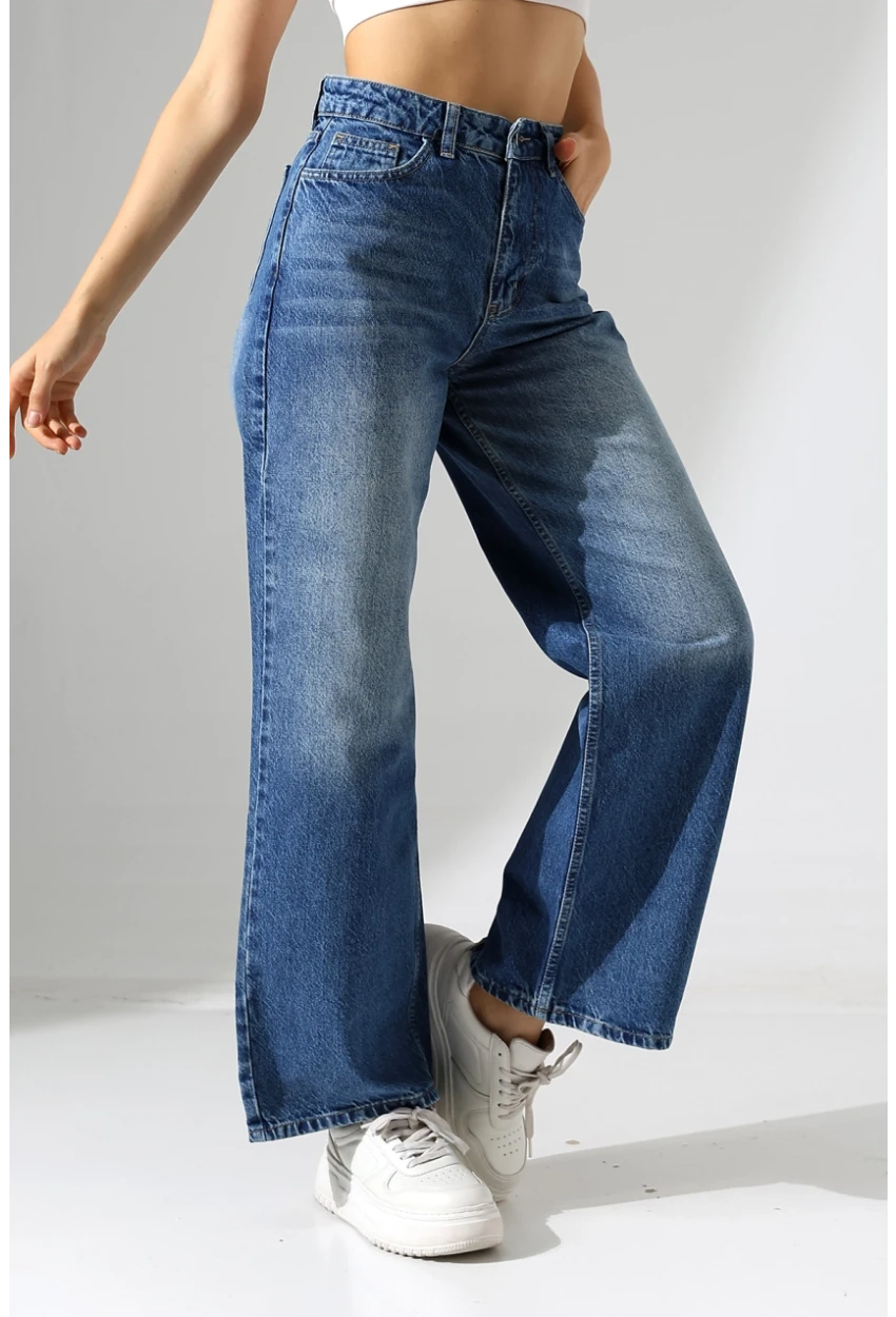 Yüksek Bel Bol Paça Denim Jean