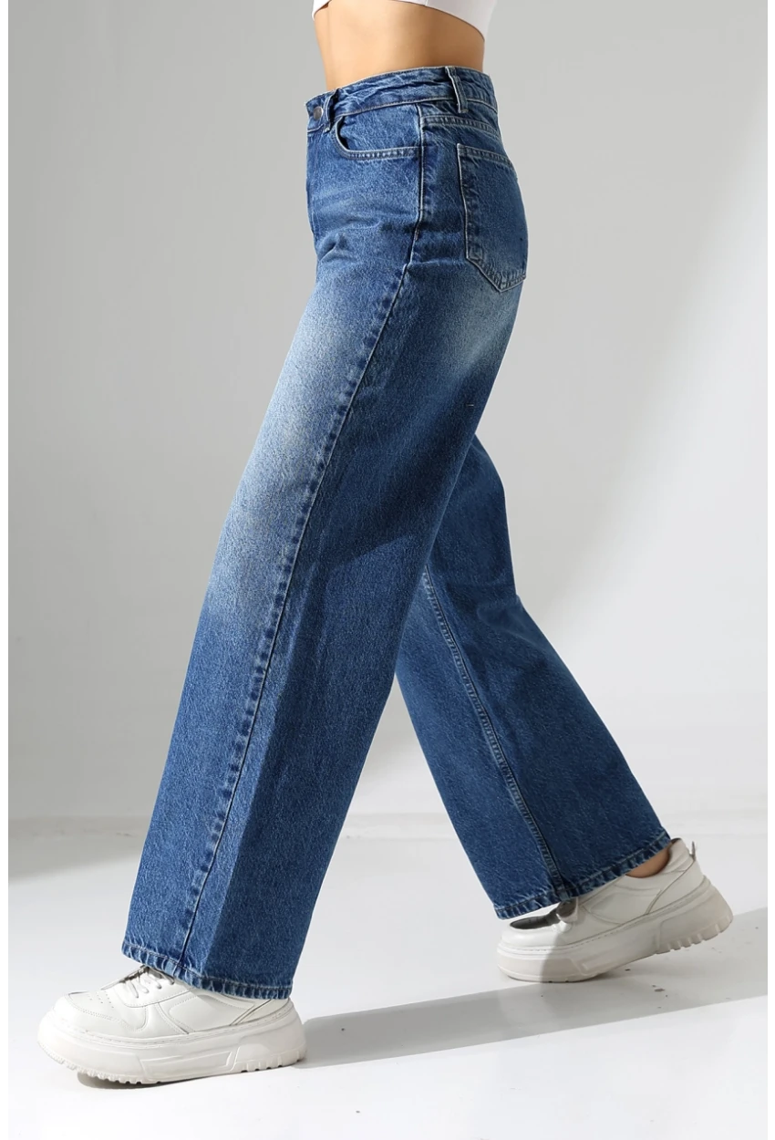 Yüksek Bel Bol Paça Denim Jean