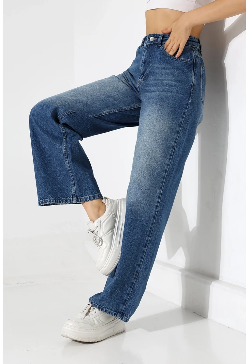 Yüksek Bel Bol Paça Denim Jean
