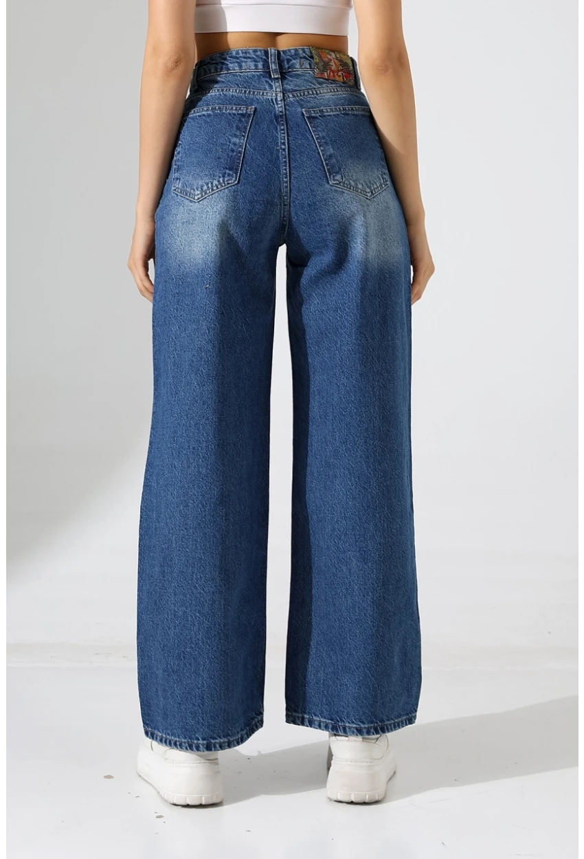 Yüksek Bel Bol Paça Denim Jean
