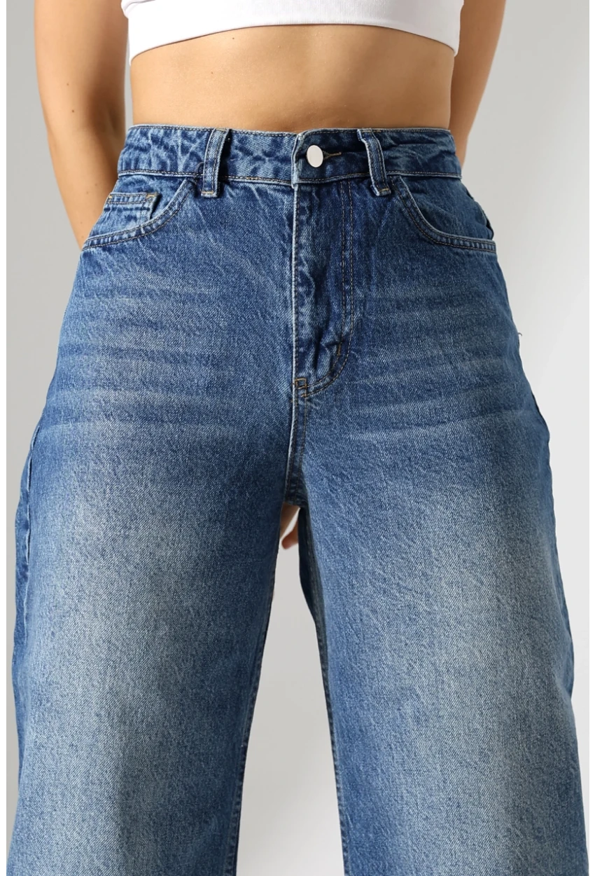 Yüksek Bel Bol Paça Denim Jean