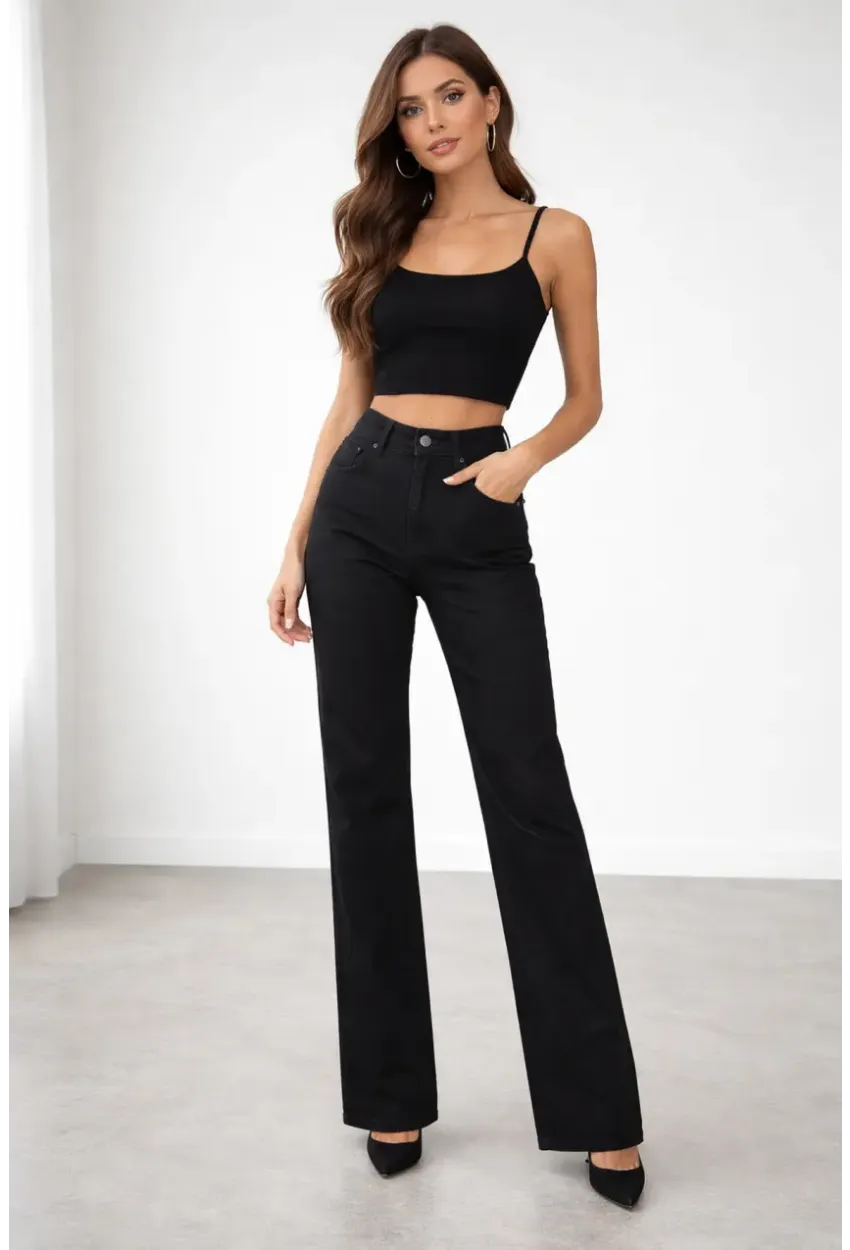 Yüksek Bel Çan Paça Siyah Jean