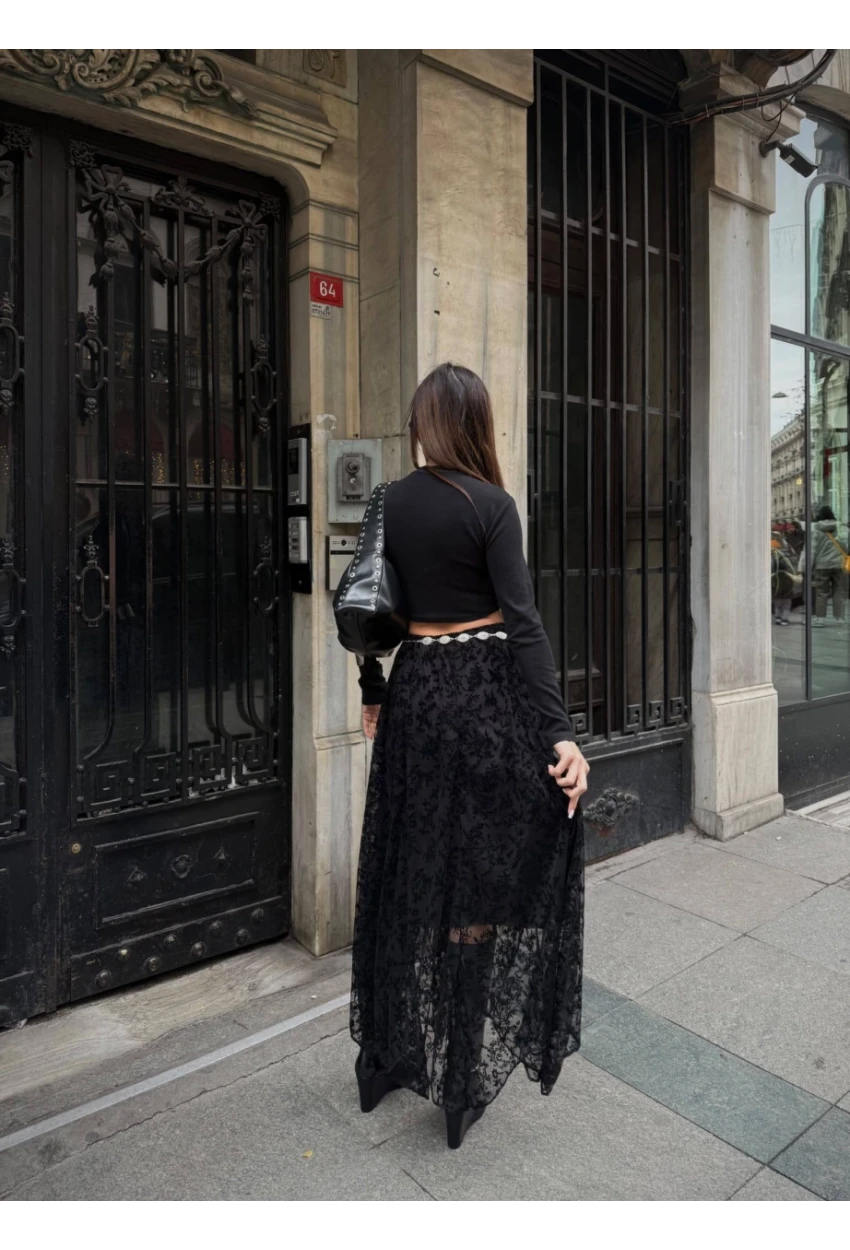 Yüksek Bel Dantel Detaylı Maxi Boy Etek