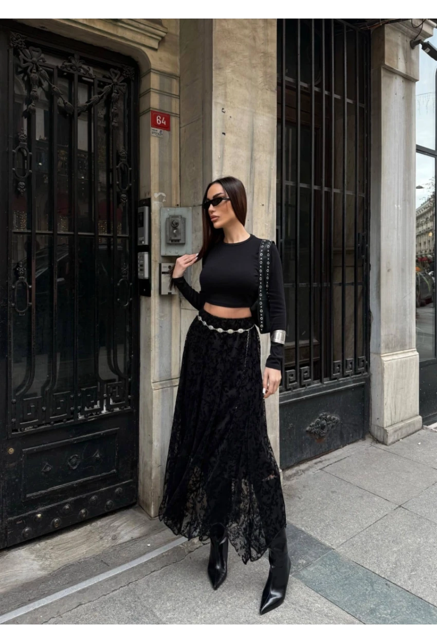 Yüksek Bel Dantel Detaylı Maxi Boy Etek