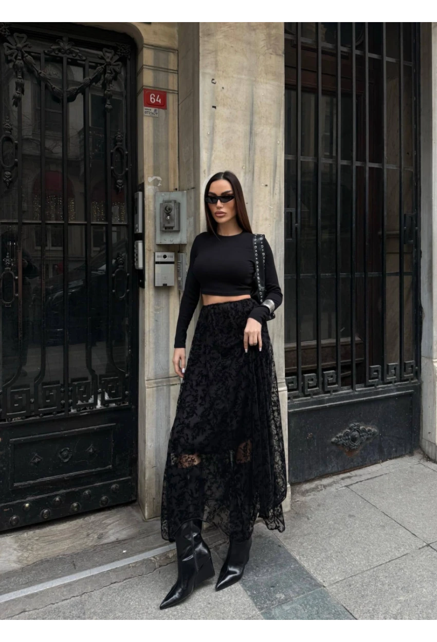 Yüksek Bel Dantel Detaylı Maxi Boy Etek
