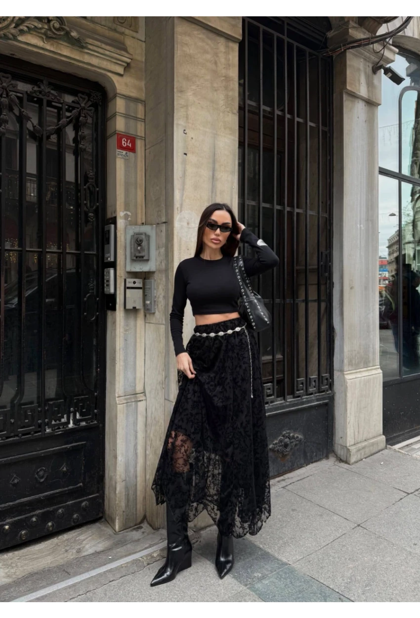 Yüksek Bel Dantel Detaylı Maxi Boy Etek