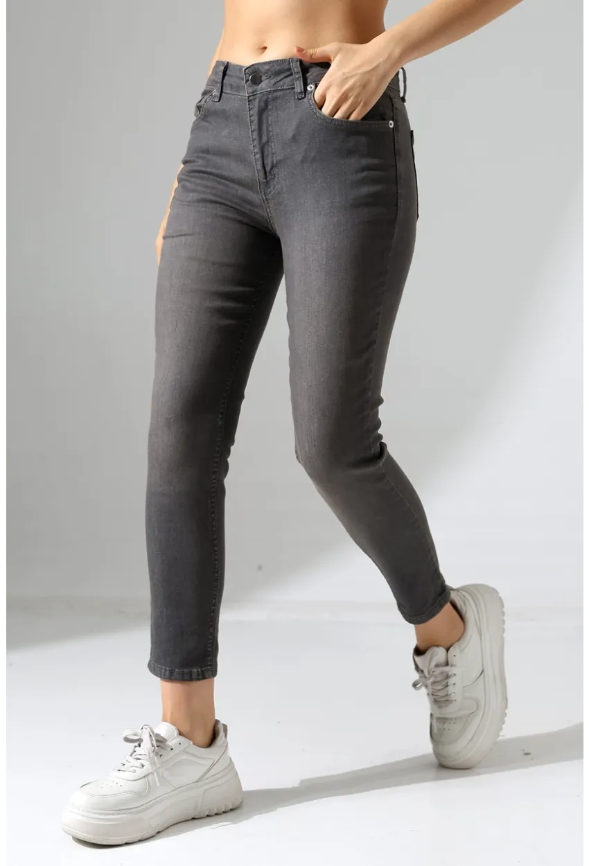 Yüksek Bel Dar Paça Füme Jean Pantolon
