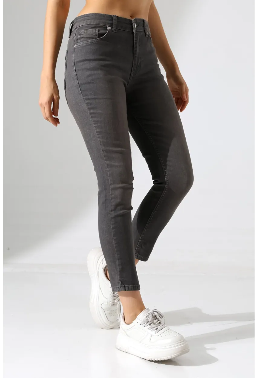 Yüksek Bel Dar Paça Füme Jean Pantolon