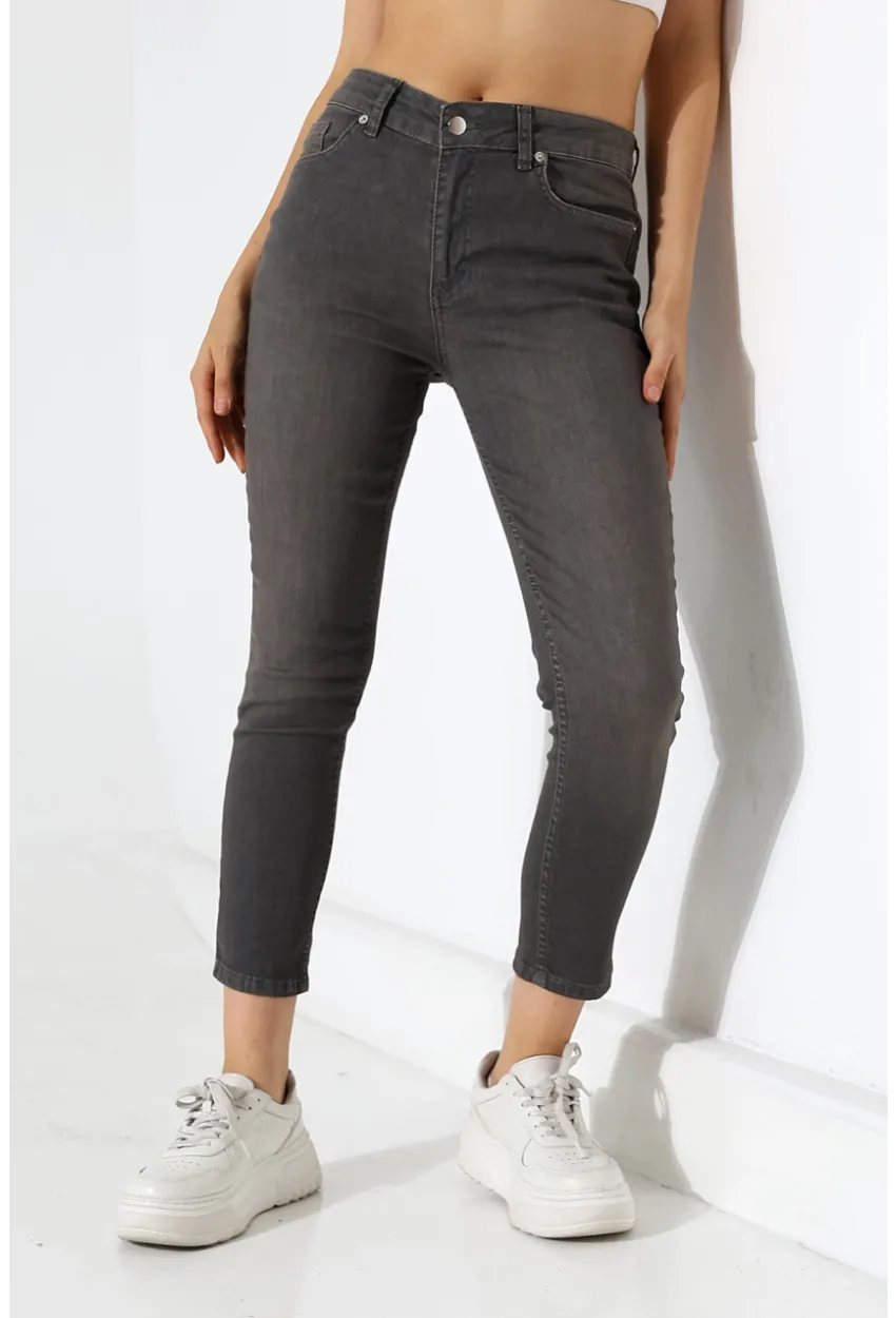 Yüksek Bel Dar Paça Füme Jean Pantolon