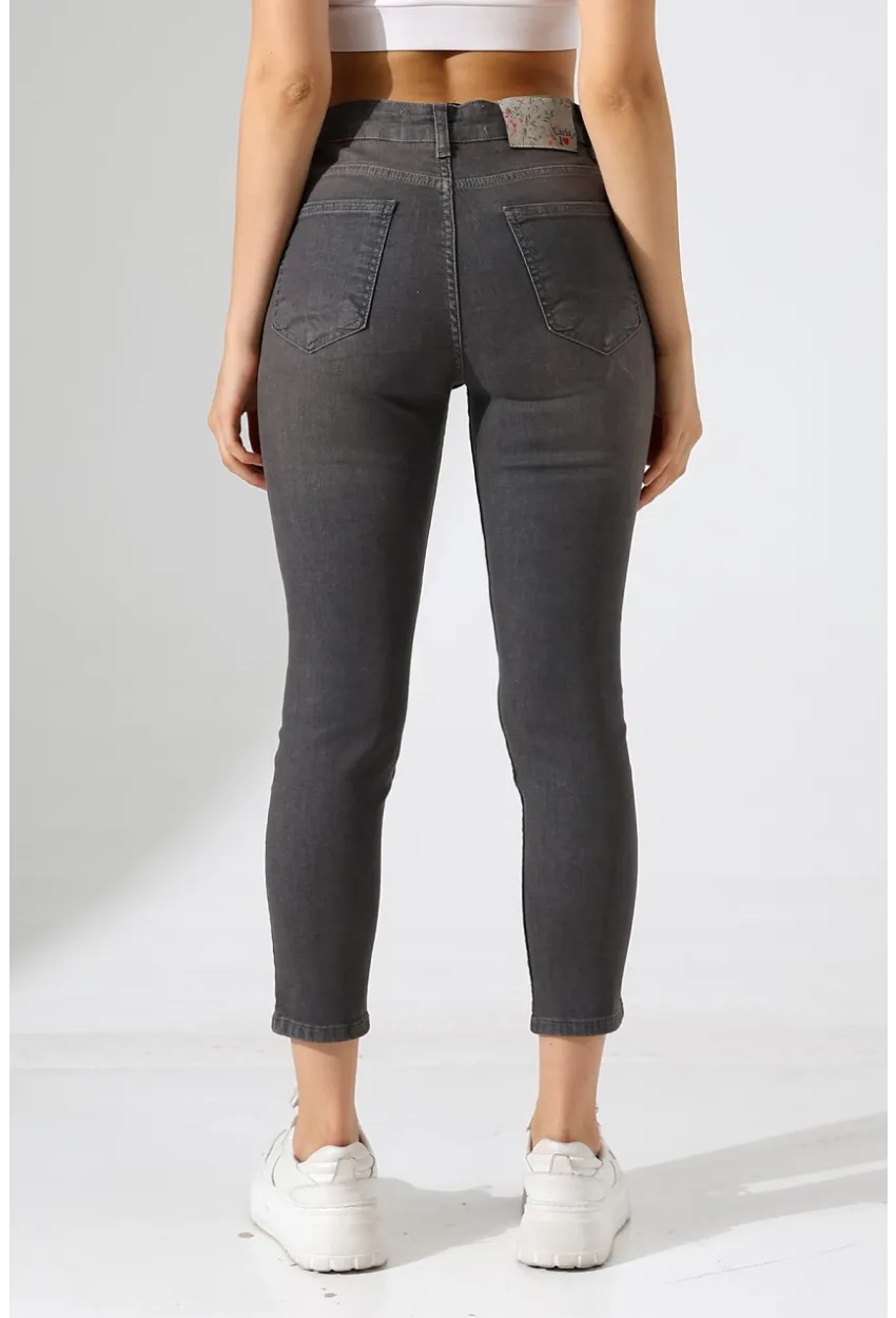 Yüksek Bel Dar Paça Füme Jean Pantolon