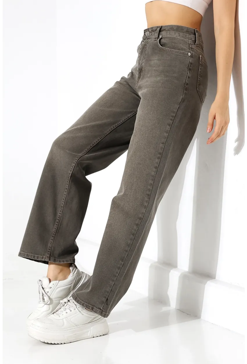 Yüksek Bel Düz Paça Füme Jean Pantolon
