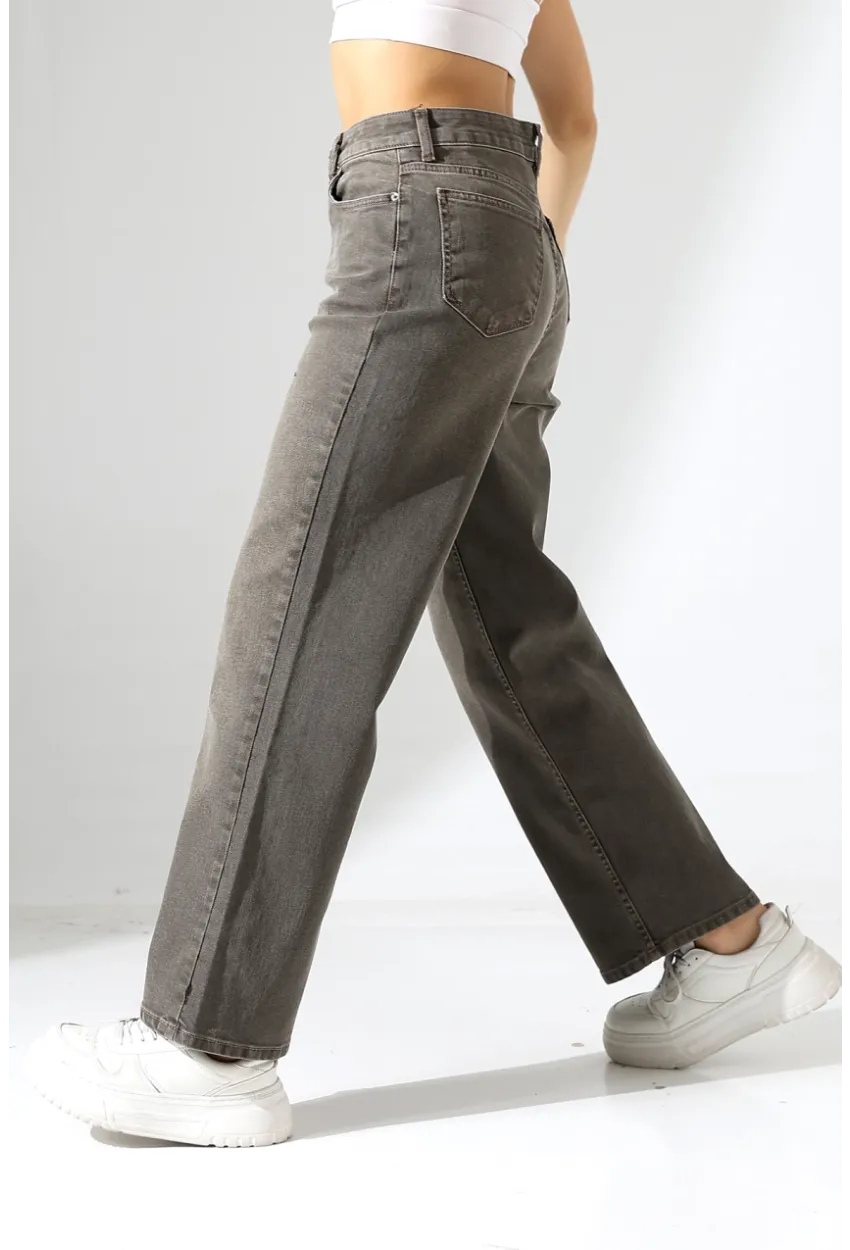 Yüksek Bel Düz Paça Füme Jean Pantolon