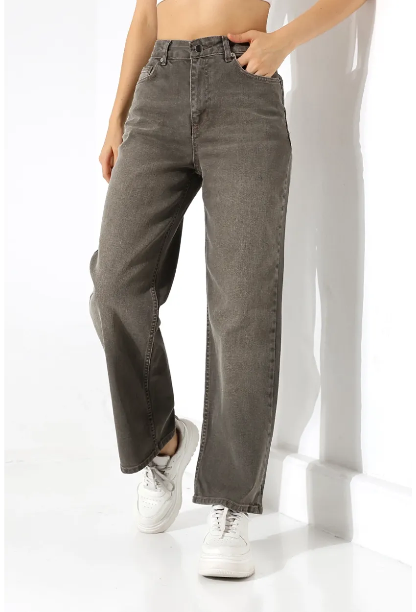 Yüksek Bel Düz Paça Füme Jean Pantolon