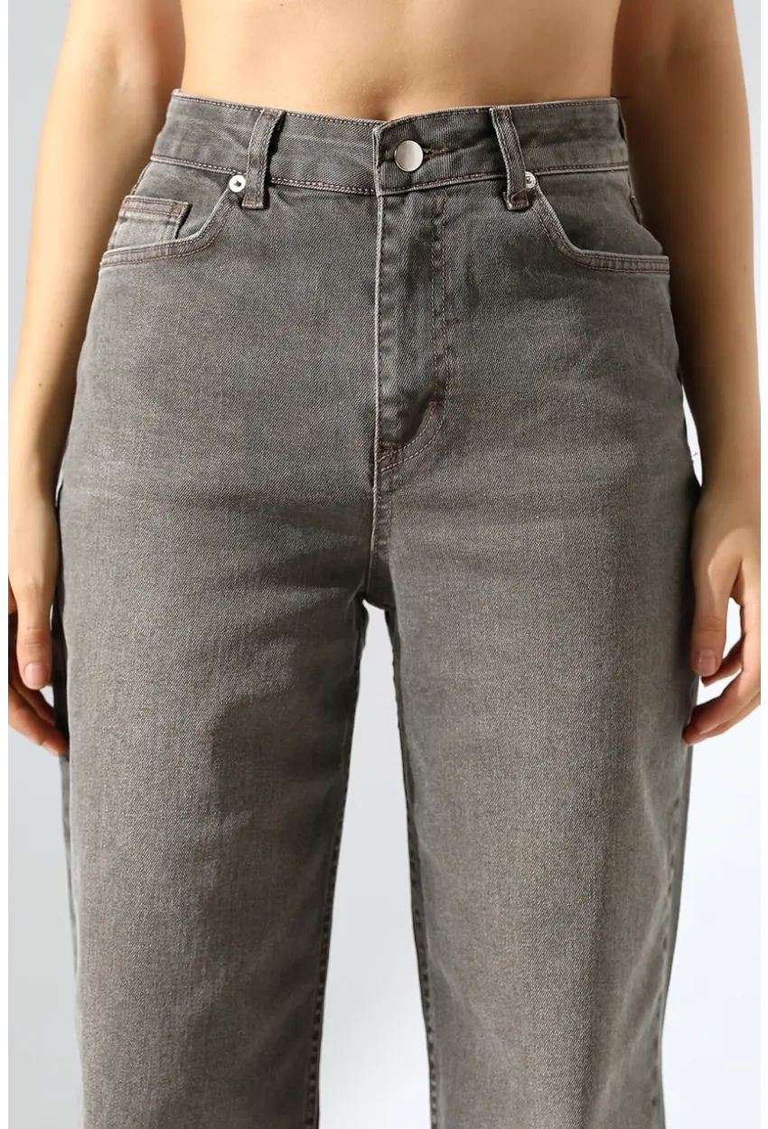 Yüksek Bel Düz Paça Füme Jean Pantolon