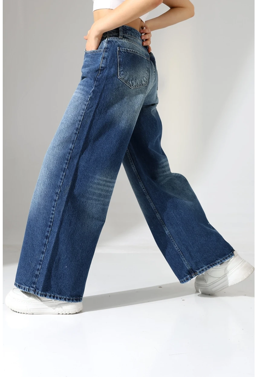 Yüksek Bel Ekstra Geniş Paça Dark Mavi Wide Leg Jean Pantolon