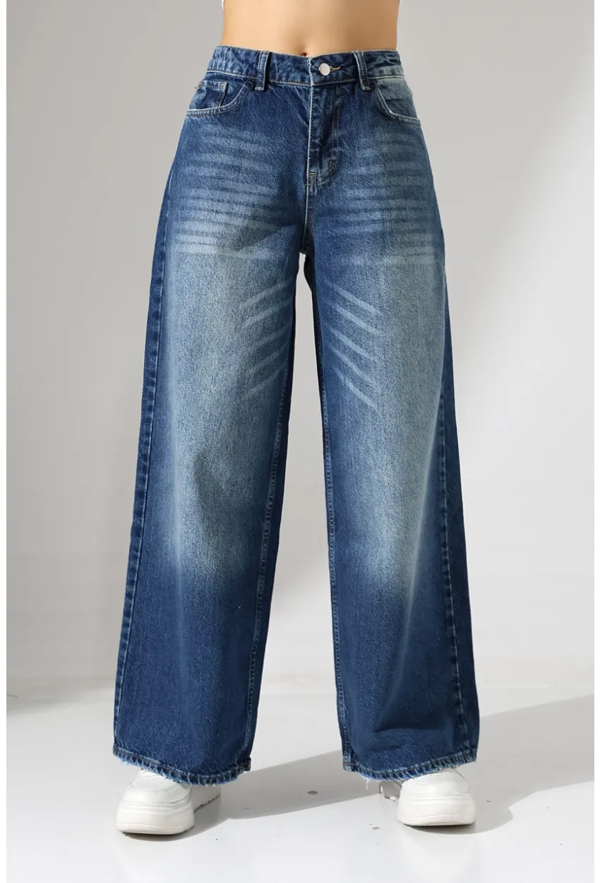 Yüksek Bel Ekstra Geniş Paça Dark Mavi Wide Leg Jean Pantolon