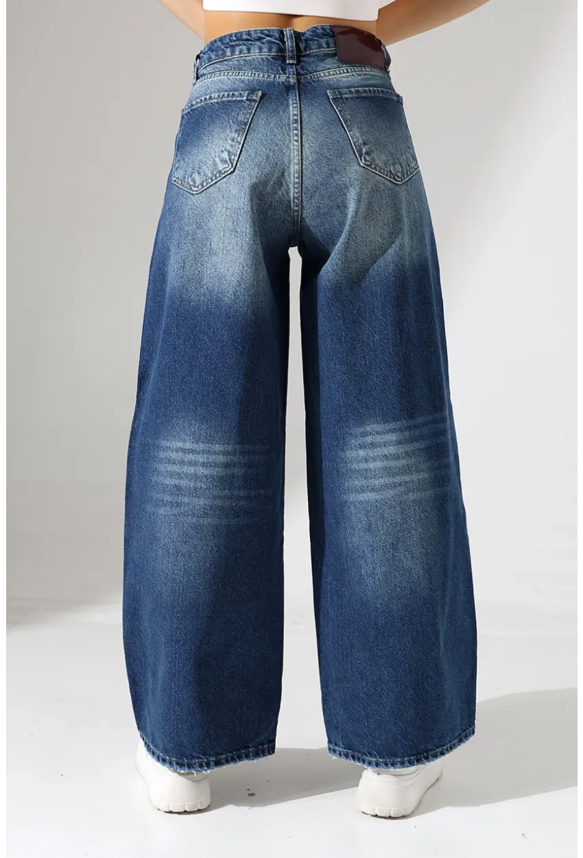 Yüksek Bel Ekstra Geniş Paça Dark Mavi Wide Leg Jean Pantolon