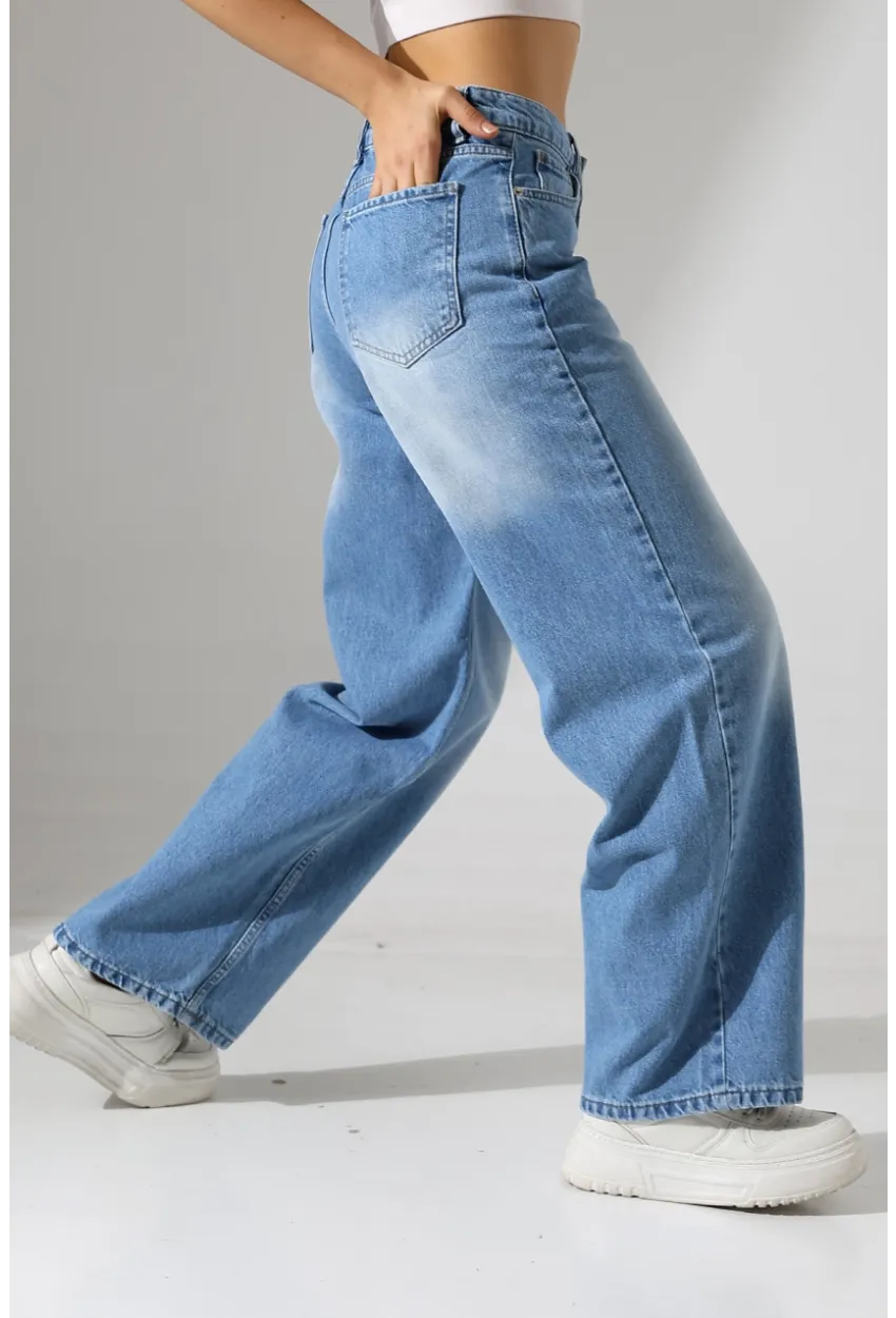 Yüksek Bel Geniş Paça Açık Mavi Jean Pantolon