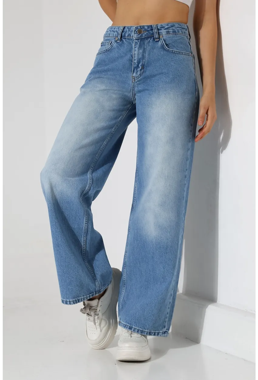 Yüksek Bel Geniş Paça Açık Mavi Jean Pantolon