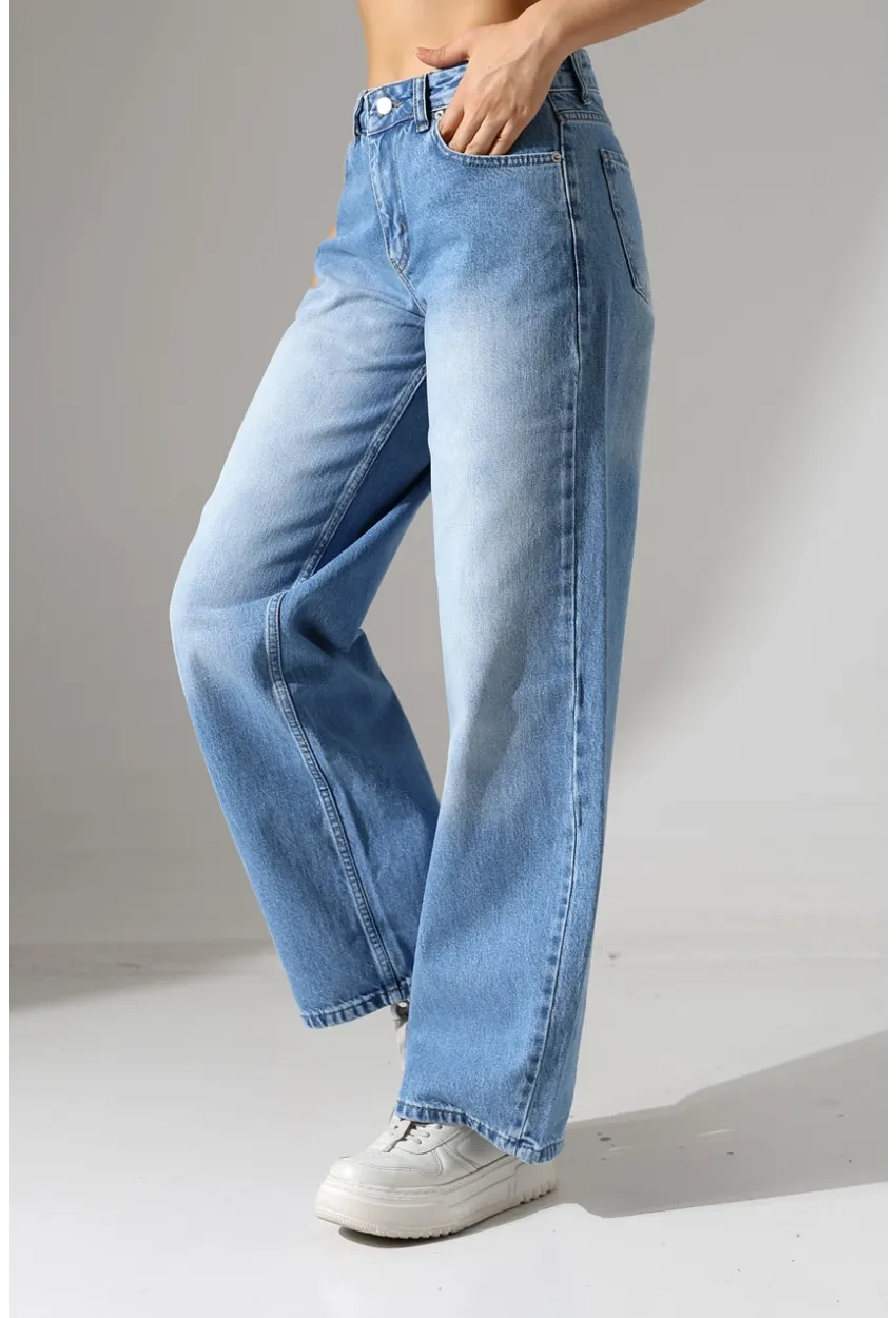 Yüksek Bel Geniş Paça Açık Mavi Jean Pantolon