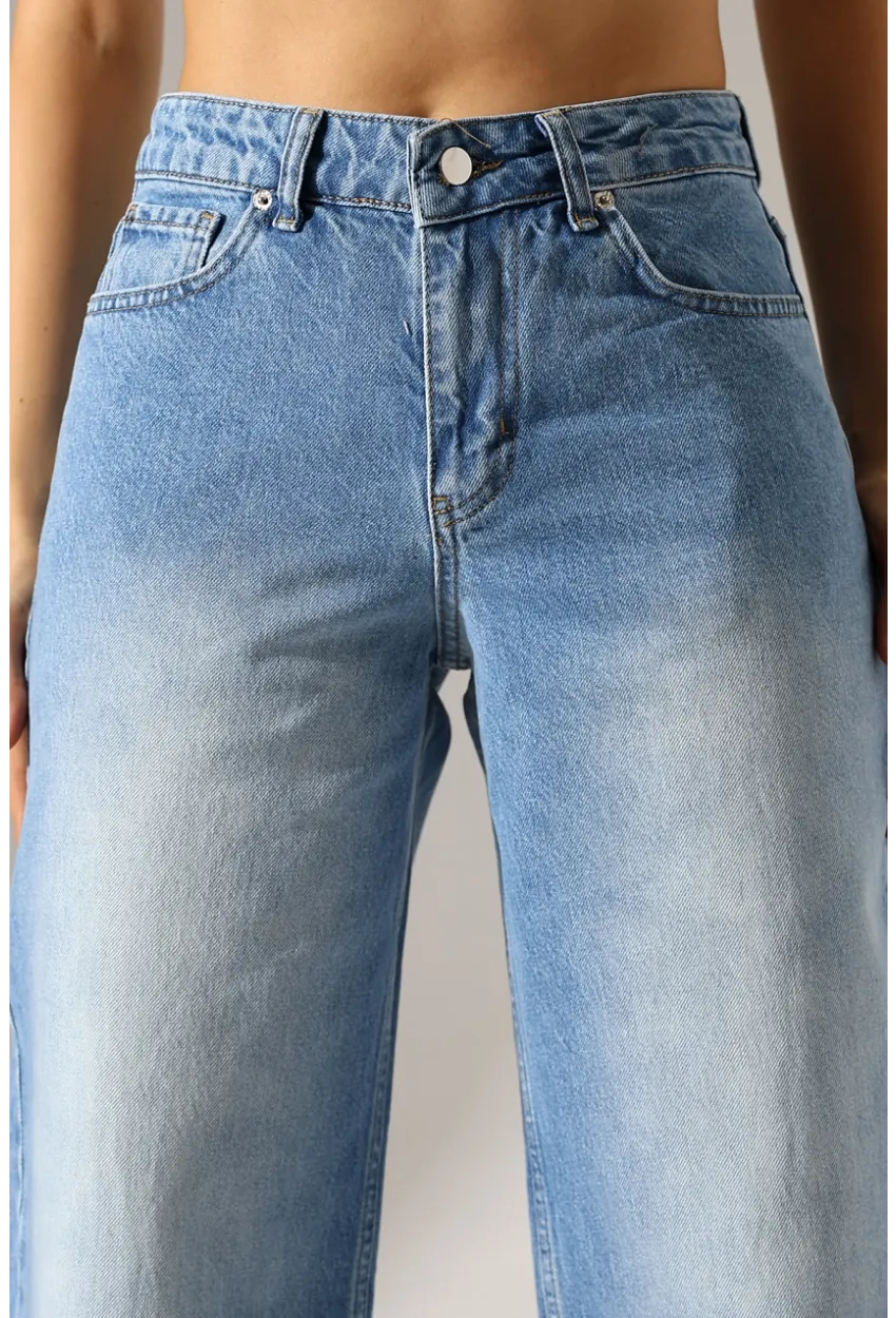 Yüksek Bel Geniş Paça Açık Mavi Jean Pantolon