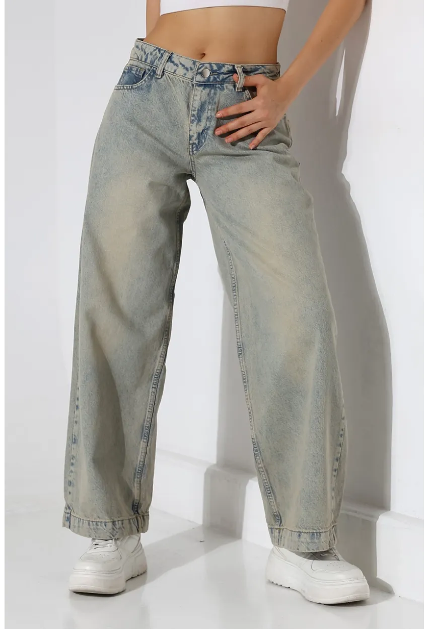 Yüksek Bel Geniş Paça Açık Mavi Yıkamalı Jean Pantolon