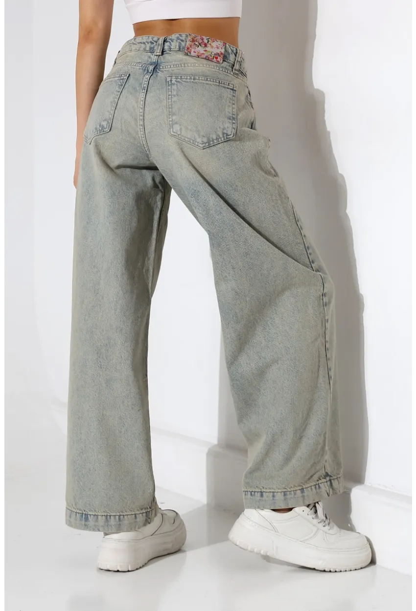 Yüksek Bel Geniş Paça Açık Mavi Yıkamalı Jean Pantolon