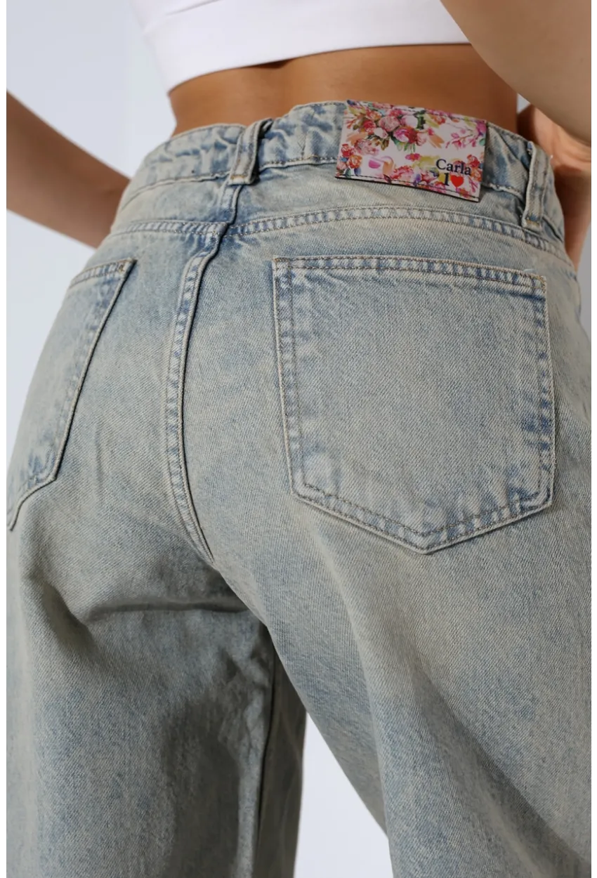 Yüksek Bel Geniş Paça Açık Mavi Yıkamalı Jean Pantolon