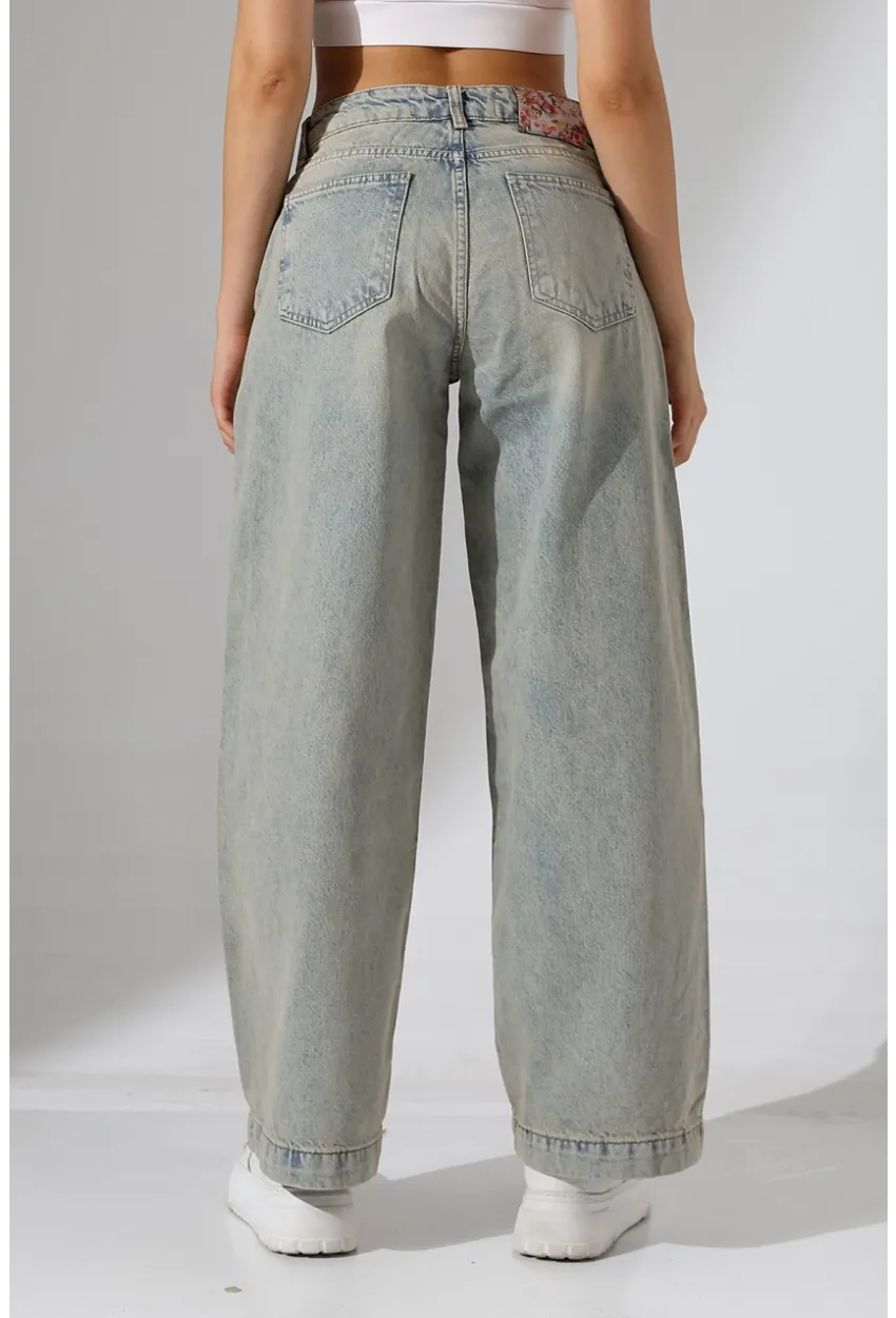 Yüksek Bel Geniş Paça Açık Mavi Yıkamalı Jean Pantolon
