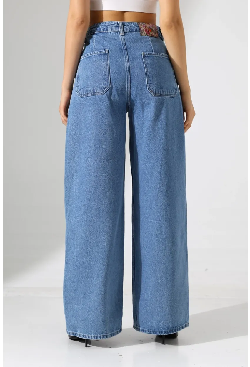 Yüksek Bel Geniş Paça Düz Kesim Mavi Jean Pantolon