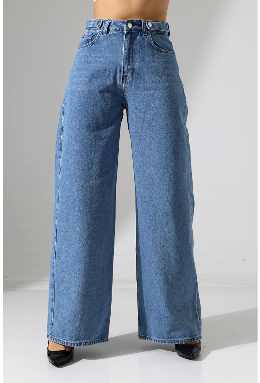 Yüksek Bel Geniş Paça Düz Kesim Mavi Jean Pantolon