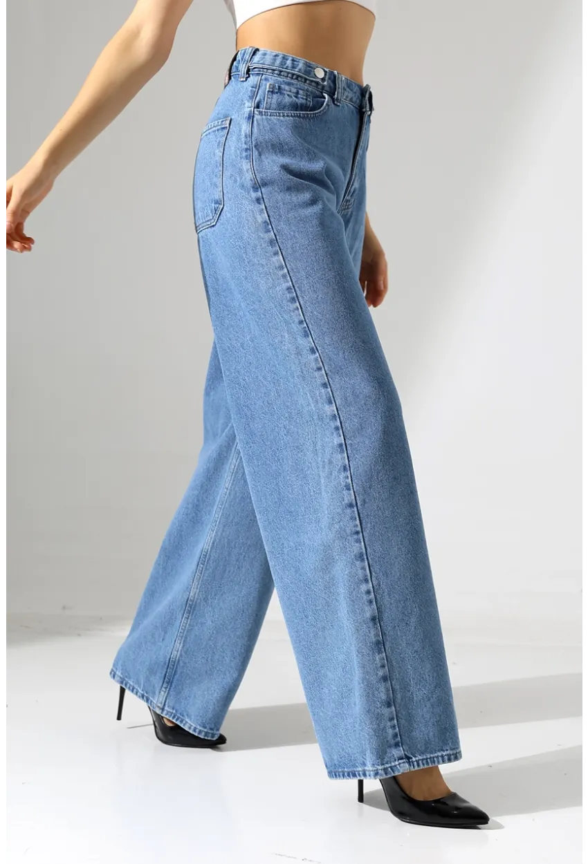 Yüksek Bel Geniş Paça Düz Kesim Mavi Jean Pantolon