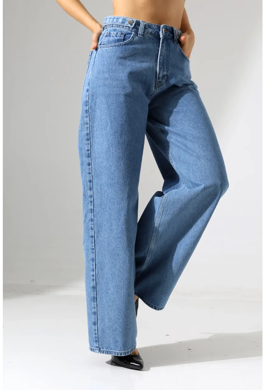 Yüksek Bel Geniş Paça Düz Kesim Mavi Jean Pantolon
